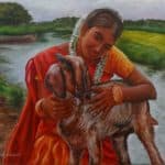 Girl petting Goat