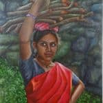 Girl carrying woodlog