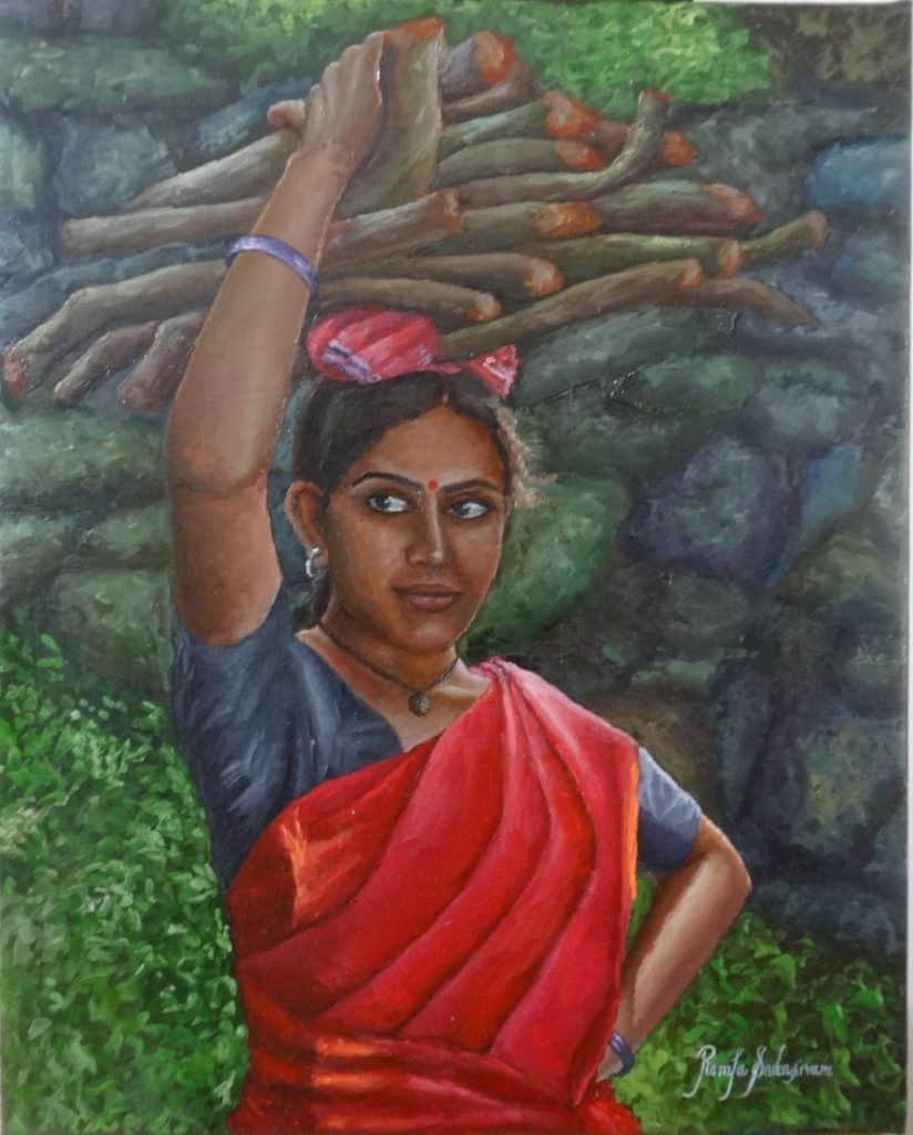 Girl carrying woodlog - RamyaSadasivams Art Gallery